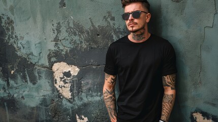 A handsome man with tattoos poses against a textured wall, wearing a plain black t-shirt