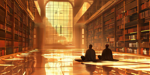 Library Reflection: Muslims Praying in a Library - Muslims praying in a quiet corner of a library, surrounded by books and knowledge, finding inspiration in the pursuit of learning and wisdom