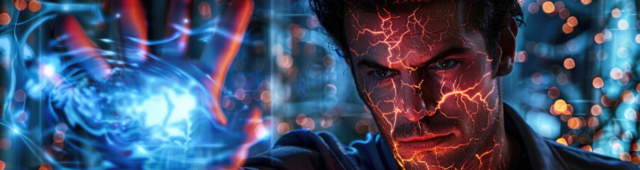 A man with electrical energy flowing through his skin stands against a blurry background of lights