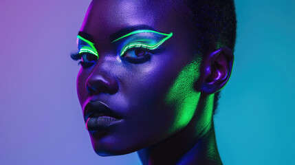 A close-up portrait of a woman with green eyeliner looking towards the right side of the frame. She is illuminated with vibrant neon light
