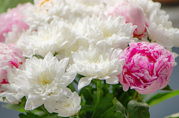 pink piony and white flowers 