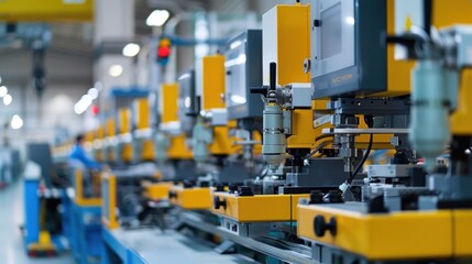 Fototapeta premium Plastic Injection Molding: injection molding machines producing various forms of plastic parts, along with employees working on them.