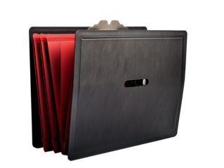 a black leather folder with red paper inside