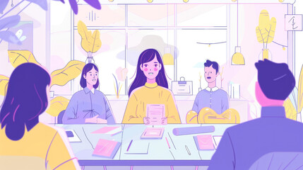 An illustration of four people sitting at a table in an office. The woman in the center is holding a paper and seems to be presenting something to the group