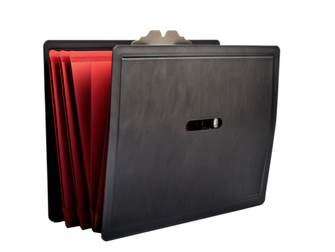 a black leather folder with red paper inside