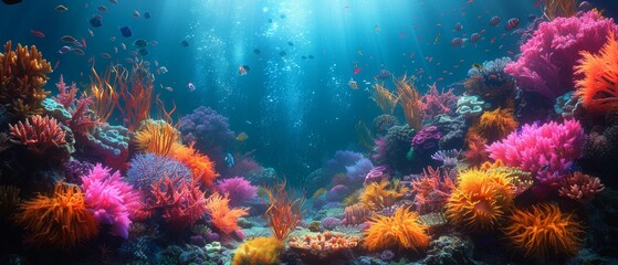 Naklejka premium Vibrant Coral Reef: An underwater landscape of a colorful coral reef, teeming with diverse marine life. 
