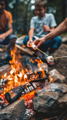 Fototapeta premium A group of friends enjoy a campfire, roasting marshmallows on sticks