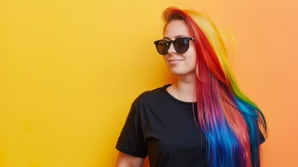 Fototapeta premium A woman with long rainbow hair smiles while wearing a black shirt