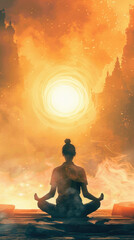 A woman sits in a meditative pose, facing a bright, glowing sun in the sky. The silhouette of a city can be seen in the background