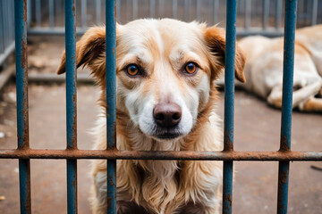 Stray homeless dog in animal shelter cage. Sad abandoned hungry dog behind old rusty grid of the cage in shelter for homeless animals