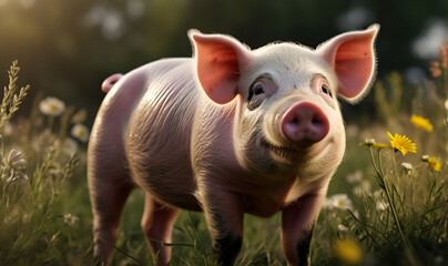 Fototapeta premium a young pig running around in the wild on the lawn.