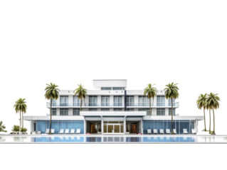 a white building with palm trees