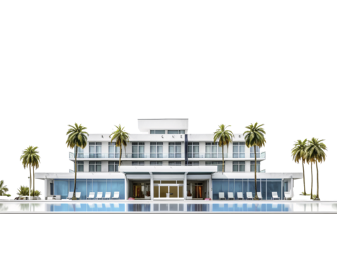 a white building with palm trees