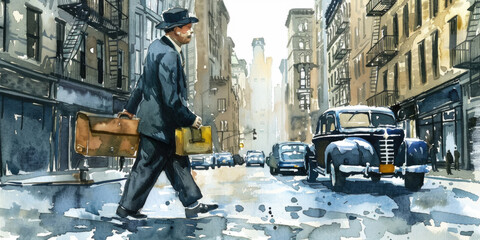 Obraz premium A man in a suit and hat walks down a city street, carrying a suitcase in one hand and a briefcase in the other. Cars drive by in the background