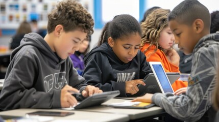 Students Using Tablets in the Classroom: students using tablets or digital devices for learning, highlighting the integration of technology in education.