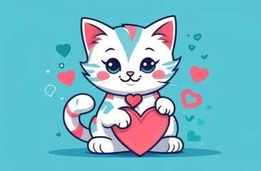 Obraz premium Cute cat holding a heart. funny hand drawn kittens