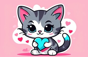 Cute cat holding a heart. funny hand drawn kittens