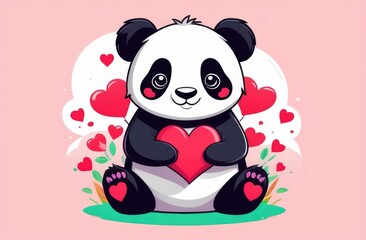 Naklejka premium Cute cartoon panda with hearts 