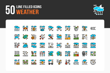 Set of 50 Weather icons related to Raindrops, Umbrella, Wet floor, Puddle Line Filled Icon collection