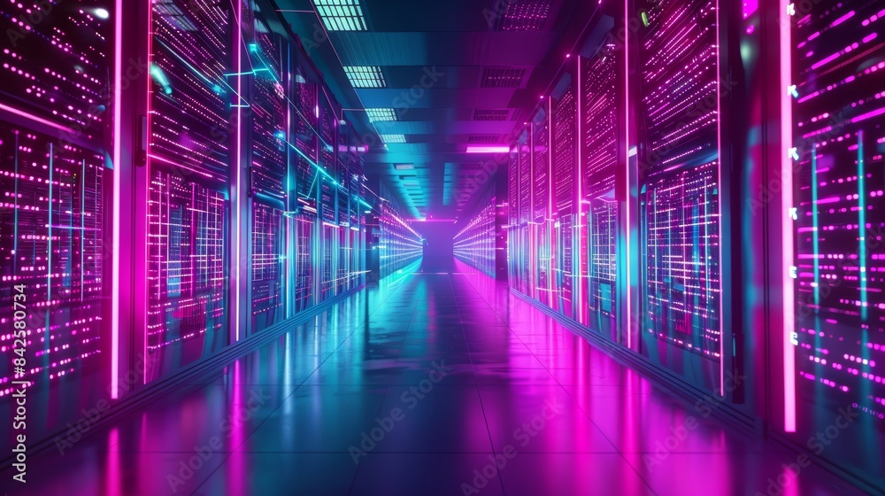 Poster A futuristic data center illuminated by the vibrant colors of digital lines and nodes, creating a mesmerizing symphony of light and technology.