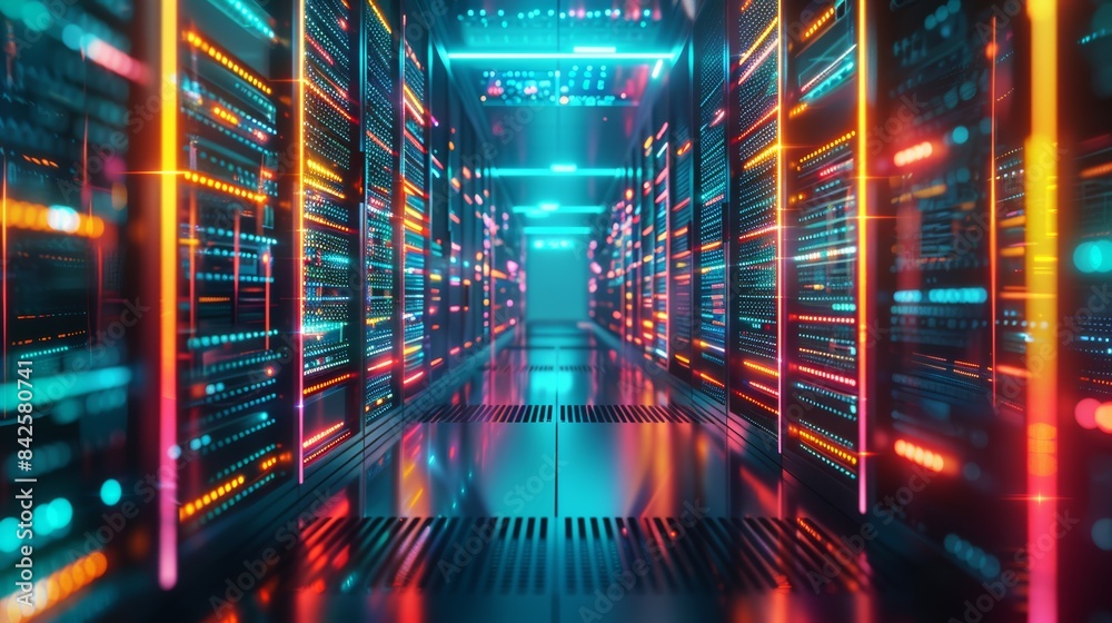 Aufkleber A futuristic data center illuminated by the vibrant colors of digital lines and nodes, creating a mesmerizing symphony of light and technology.