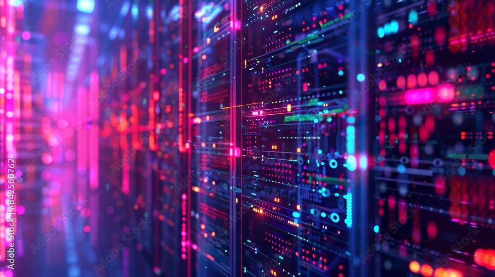 Aufkleber A futuristic data center illuminated by the vibrant colors of digital lines and nodes, creating a mesmerizing symphony of light and technology.