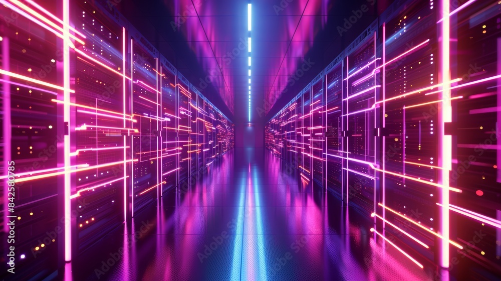 Poster A futuristic data center illuminated by the vibrant colors of digital lines and nodes, creating a mesmerizing symphony of light and technology.