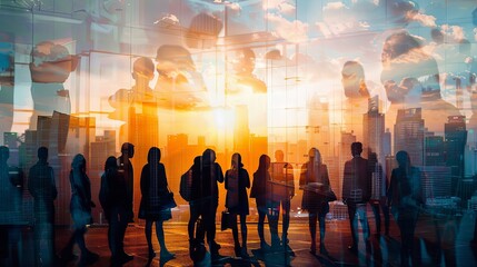 Double exposure image of many business people conference group meeting on city office building in background showing partnership success of business deal