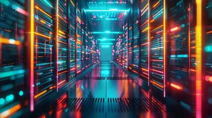A futuristic data center illuminated by the vibrant colors of digital lines and nodes, creating a mesmerizing symphony of light and technology.