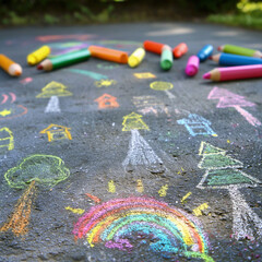 Obraz premium Children's drawing with colored chalk on the asphalt, Children's Day, art, illustration, ai generative 