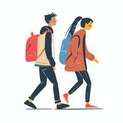 Young adult male female walking side side, both wearing backpacks, casual clothing. Contemporary flat design illustration, isolated white background, depicting student life, friendship. Characters