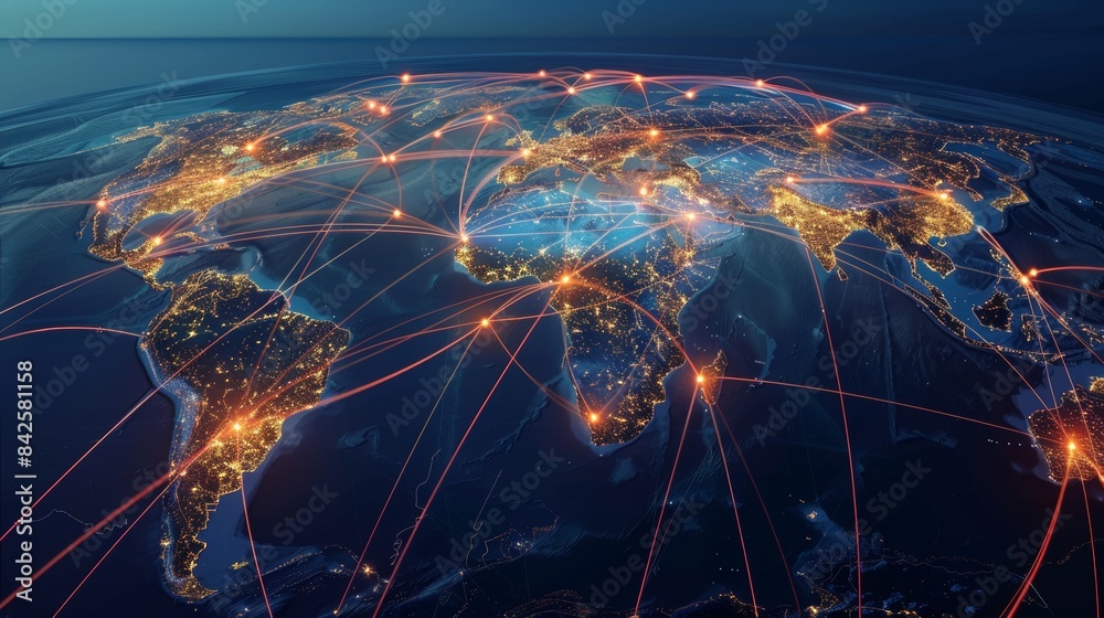 Poster a global supply chain map, visualizing the complex network of transportation routes and distribution