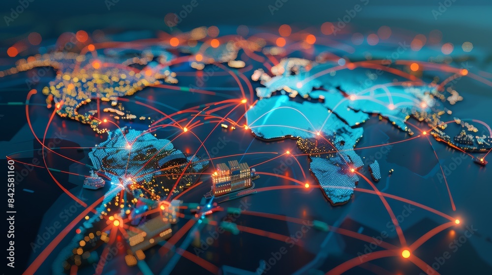 Poster a global supply chain map, visualizing the complex network of transportation routes and distribution