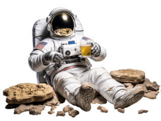 a astronaut sitting on rocks holding a beer