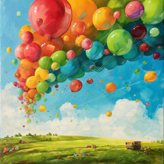 Multi-colored balls flying in the sky, Children's Day, art, illustration, ai generative	