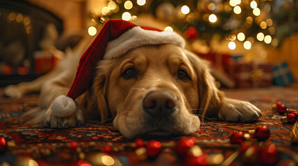 dog in santa claus hat