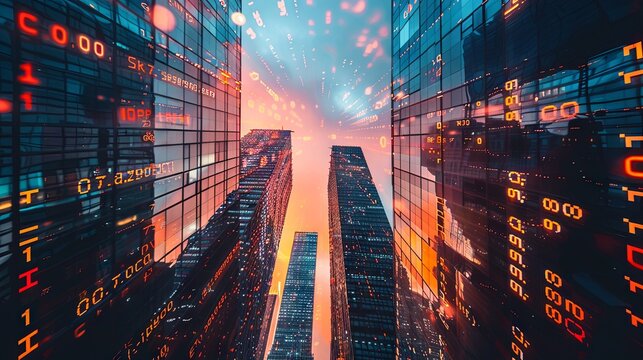 Image of financial data processing over skyscraper
