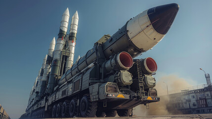 A group of the world's largest intercontinental ballistic missiles, blue sky. Generative AI.