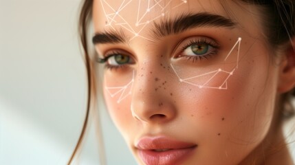 Woman with glowing skin and digital light effects. Beauty enhancement concept.