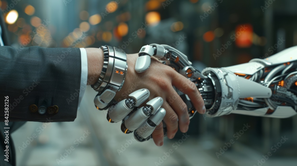 Poster a handshake between a businessperson and a robot, signifying the integration of technology and human
