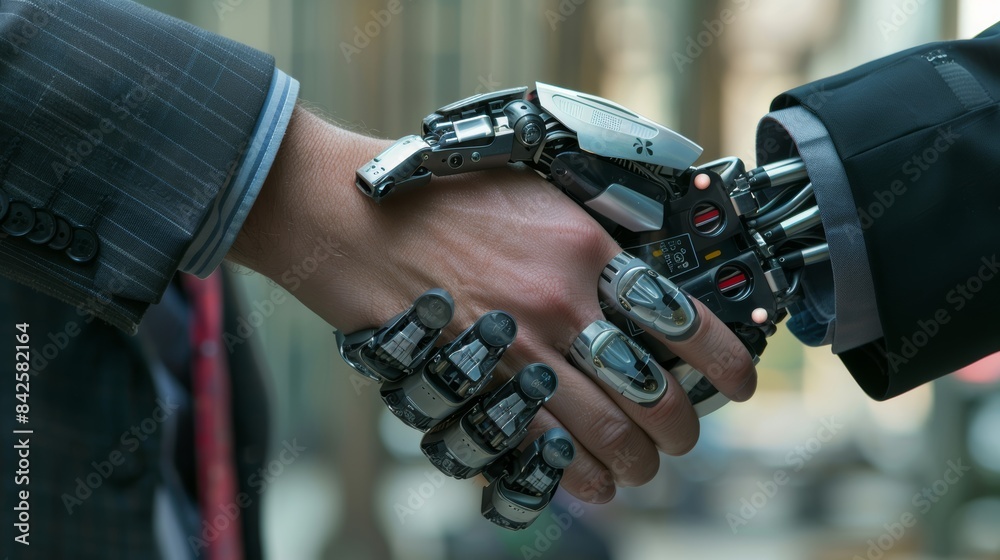 Poster a handshake between a businessperson and a robot, signifying the integration of technology and human