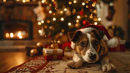 dog in christmas hat - A puppy wearing a Santa hat lying on a carpet with a Christmas tree and decorations in the background.