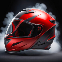 Fototapeta premium Red And Black Ventilated Motorcycle Full Face Racing Helmet On A Dark Isolated Background Surrounded By Smoke 300 PPI high resolution Product Photography Style