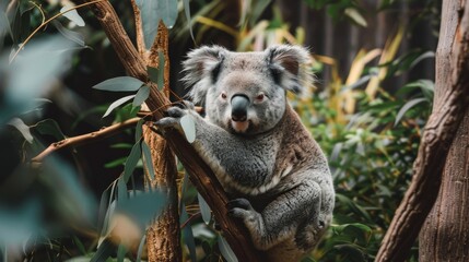 Fototapeta premium Wildlife animal photography - Cute koala bear hanging on eucalyptus tree