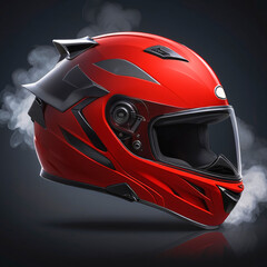 Fototapeta premium Red And Black Ventilated Motorcycle Full Face Racing Helmet On A Dark Isolated Background Surrounded By Smoke 300 PPI high resolution Product Photography Style