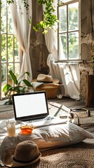Fototapeta premium Laptop with white screen on desktop in cozy summer room with iced drink 