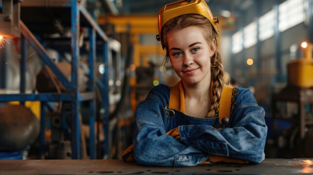 female welder posing confidently while working in an industrial plant or in a garage.
