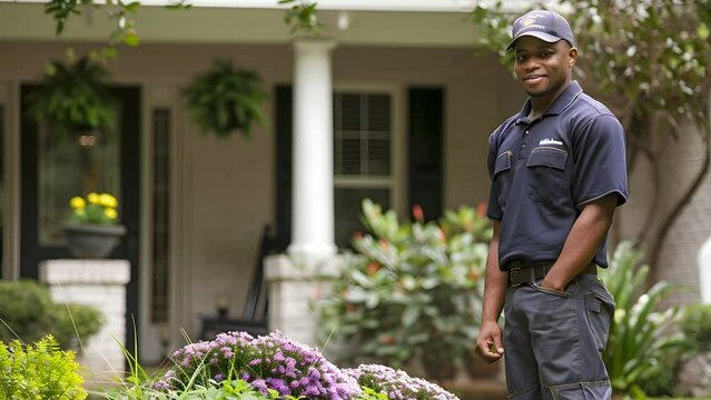 Professional Maintenance Worker in Front of a House