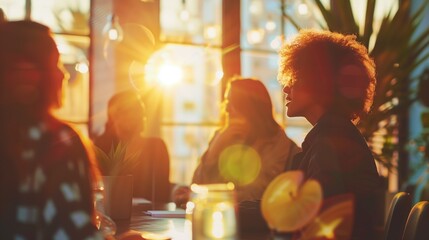 Cozy evening team meeting at a modern office with warm lighting
