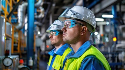 Obraz premium Workers in Safety workers wearing personal protective equipment (PPE) such as hard hats, safety glasses, and reflective vests, performing tasks within the factory